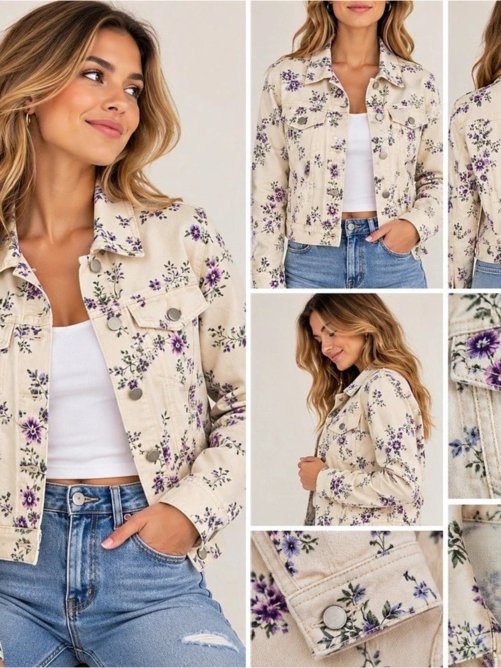 Candie’s Floral Denim Jacket Cream Purple Flowers Size L Y2K